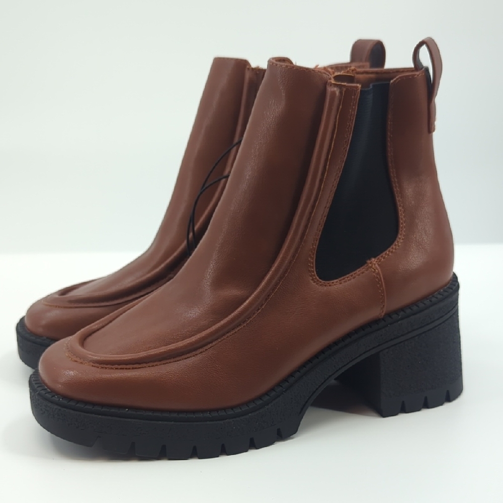 LONDON UNDERGROUND *NEW* Brown Faux Leather Retro Block Heel Ankle Boots Sz 7.5